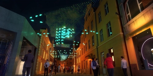 A render of Fish Street at night with brightly coloured street lights.